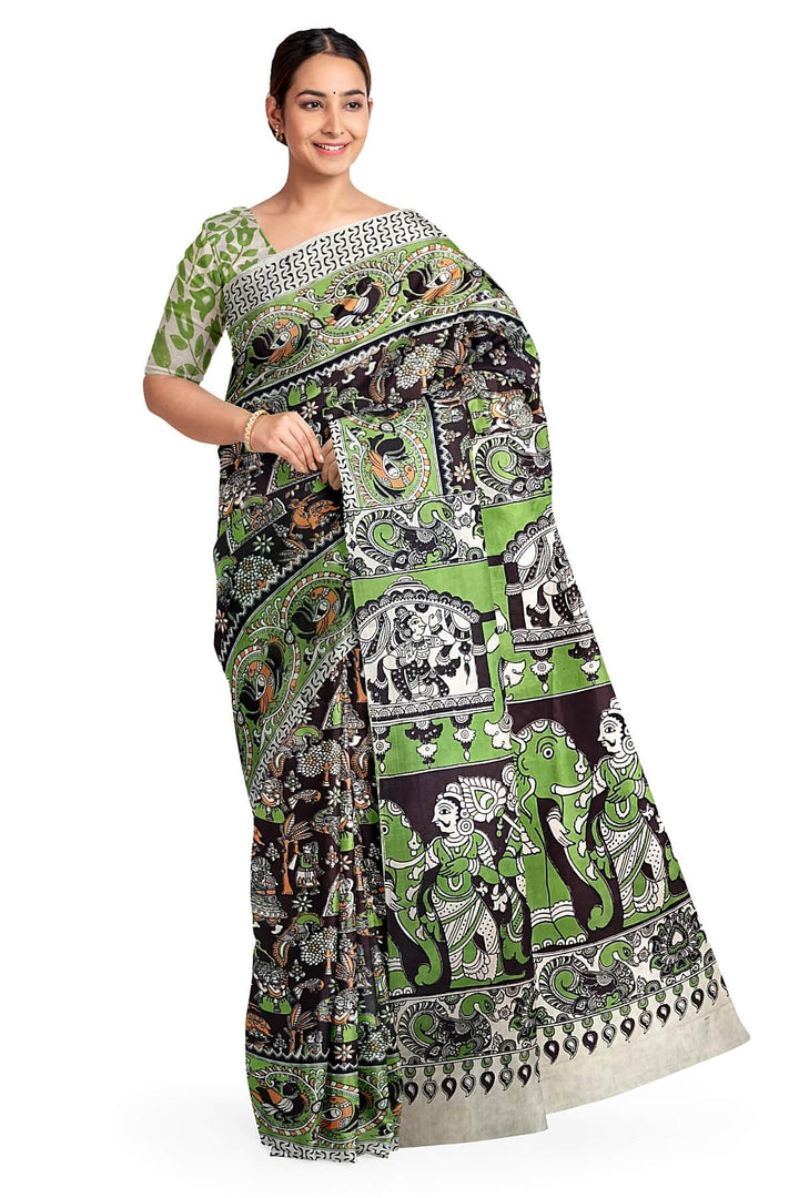 Printed  kalamkari pure cotton saree in  brown