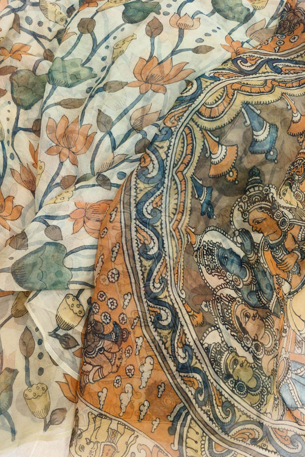 Hand painted pen kalamkari on light weight pure silk organza saree