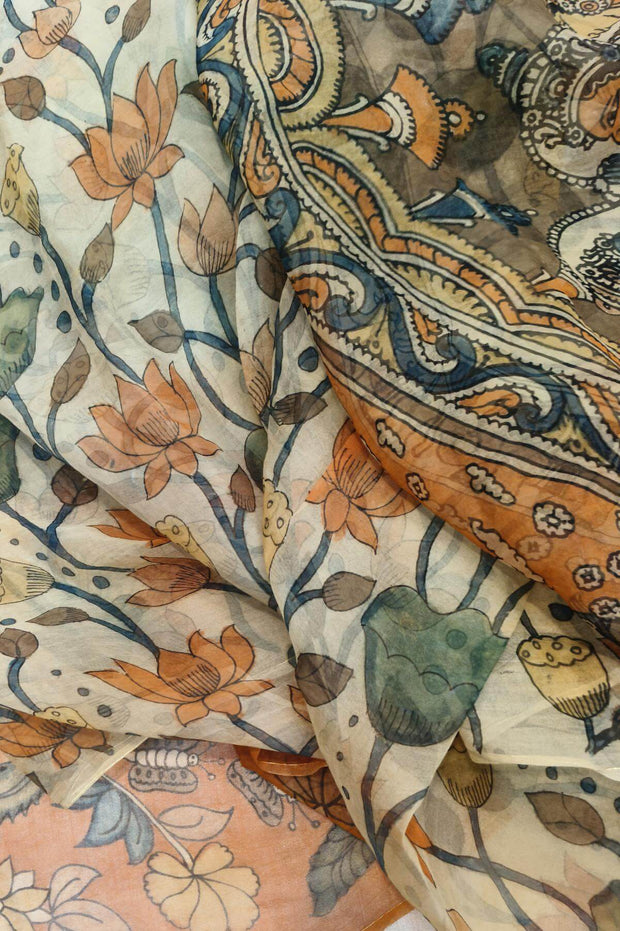 Hand painted pen kalamkari on light weight pure silk organza saree