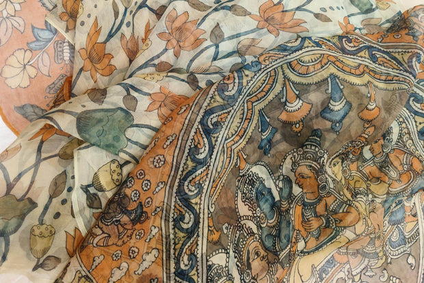 Hand painted pen kalamkari on light weight pure silk organza saree