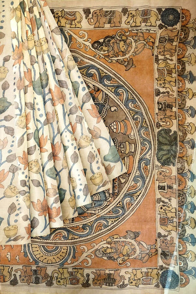 Hand painted pen kalamkari on light weight pure silk organza saree