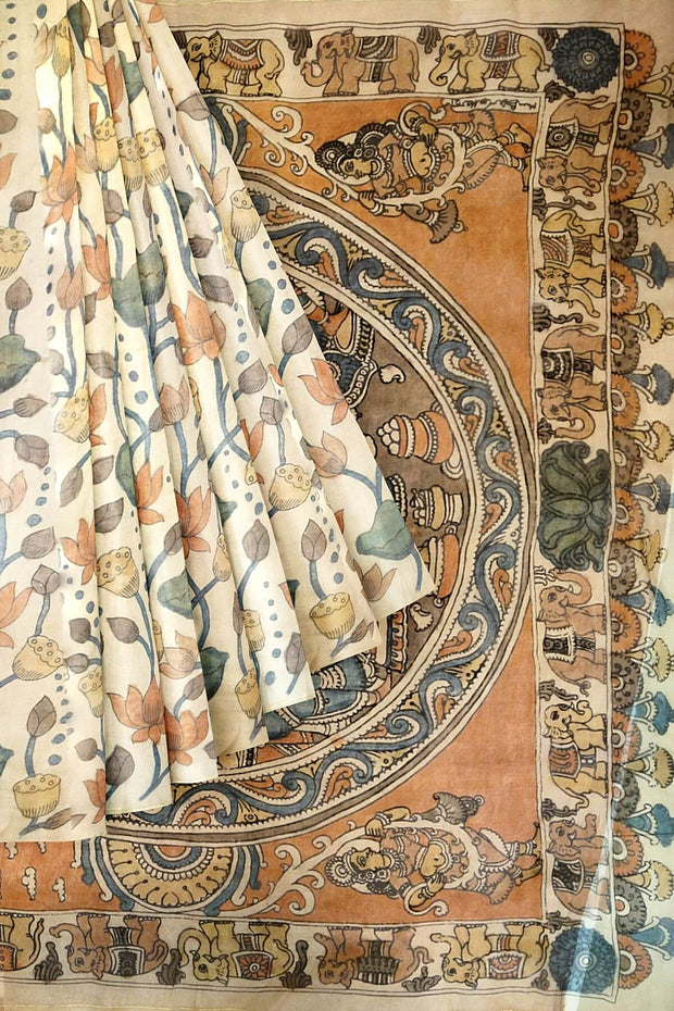 Hand painted pen kalamkari on light weight pure silk organza saree