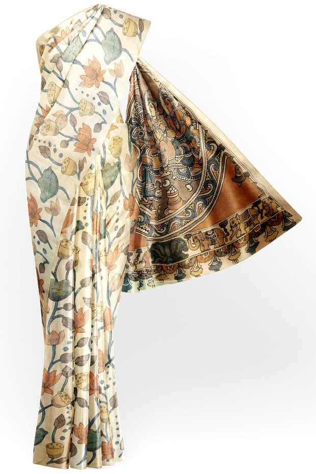 Hand painted pen kalamkari on light weight pure silk organza saree