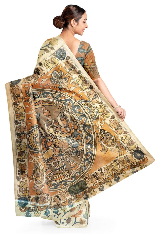 Hand painted pen kalamkari on light weight pure silk organza saree