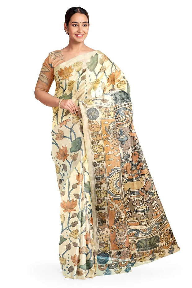 Hand painted pen kalamkari on light weight pure silk organza saree