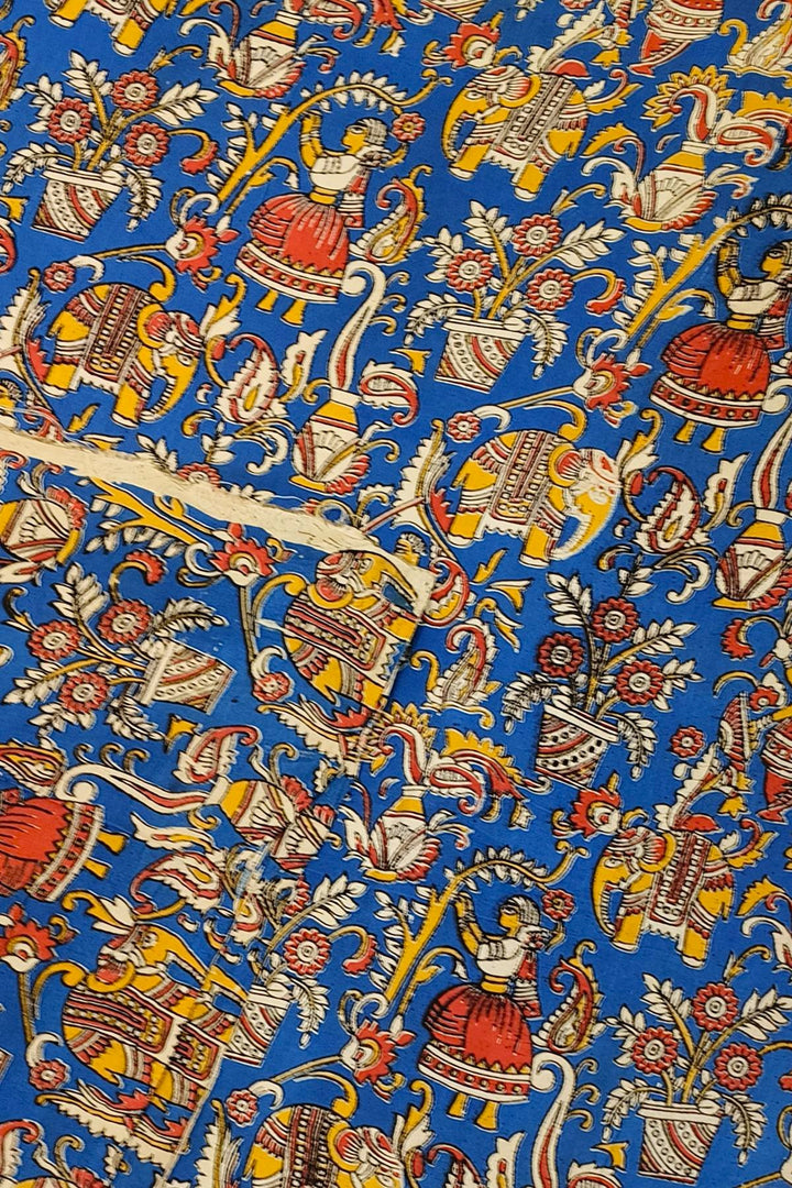 Kalamkari  silk cotton fabric in blue with elephant motifs
