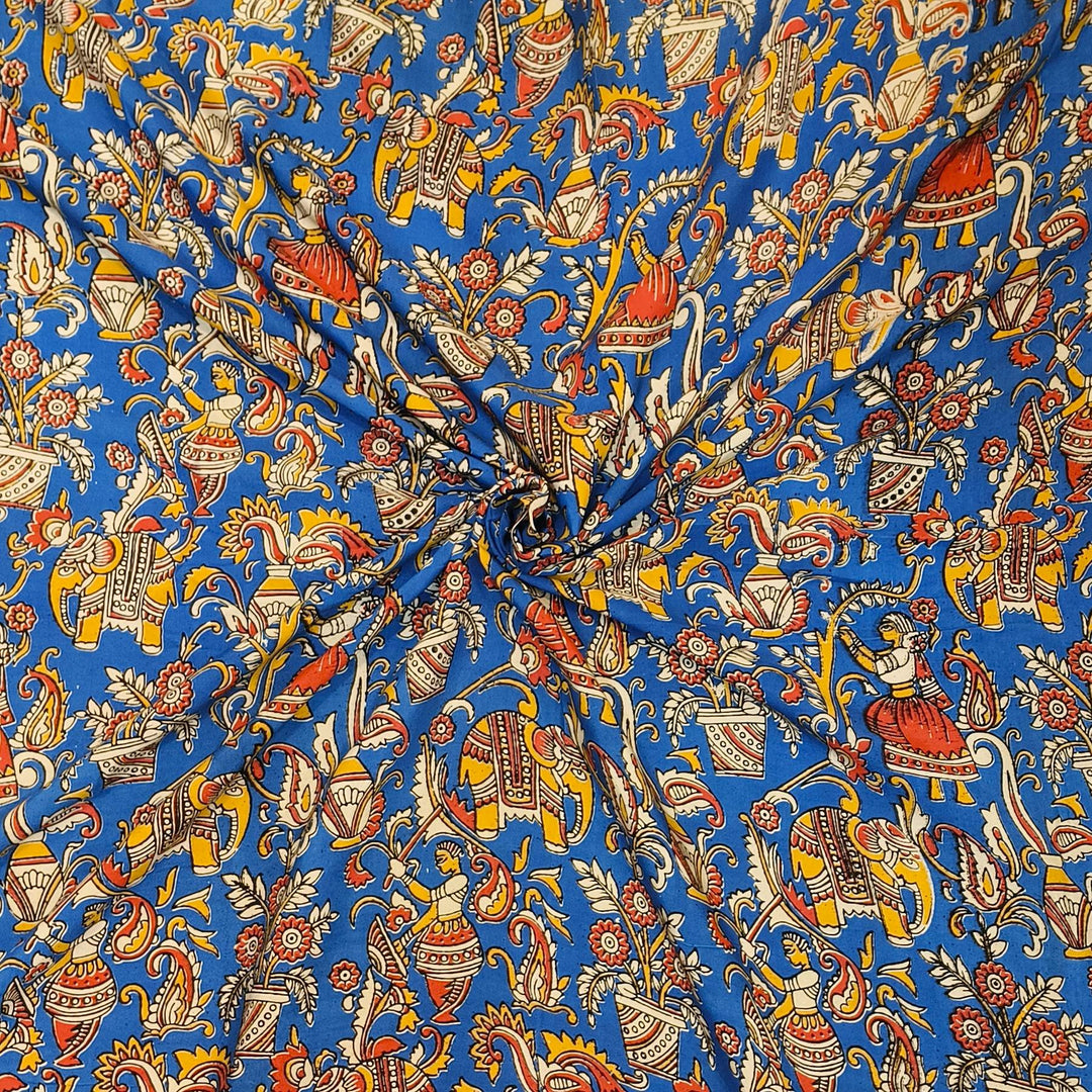 Kalamkari  silk cotton fabric in blue with elephant motifs