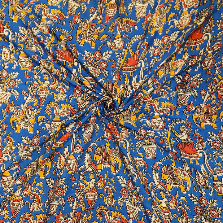 Kalamkari  silk cotton fabric in blue with elephant motifs