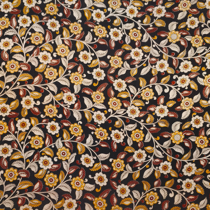 Kalamkari  silk cotton fabric in black with  floral vines