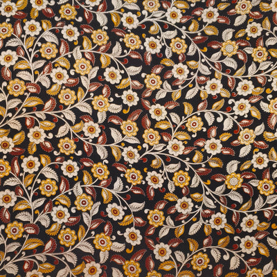 Kalamkari  silk cotton fabric in black with  floral vines