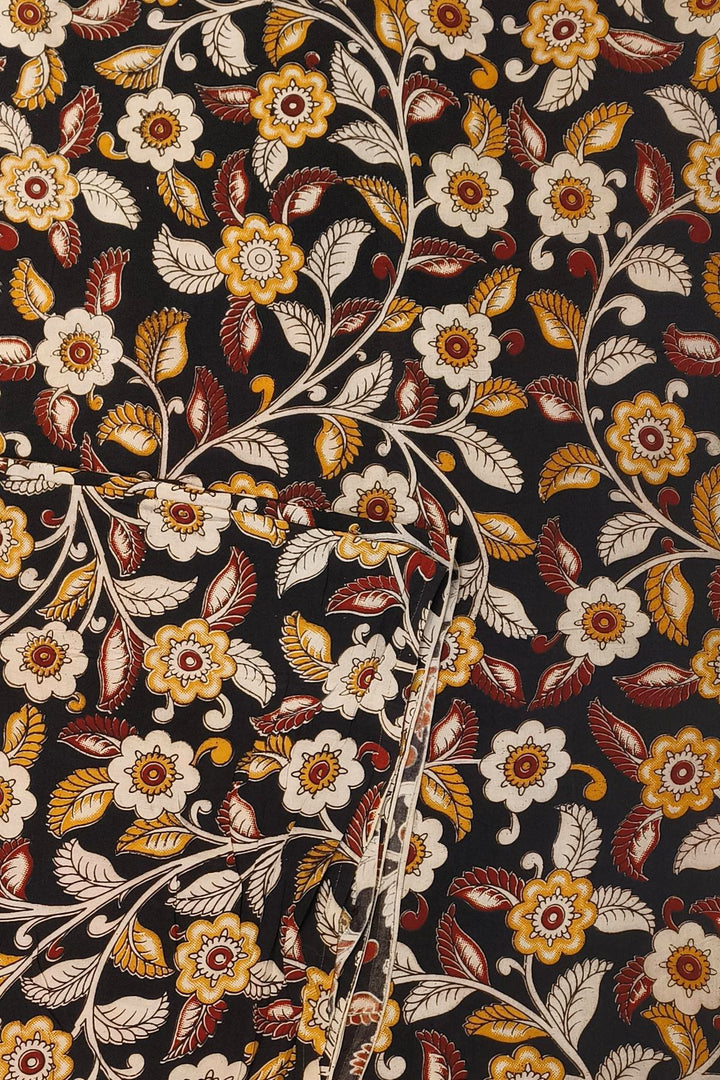 Kalamkari  silk cotton fabric in black with  floral vines