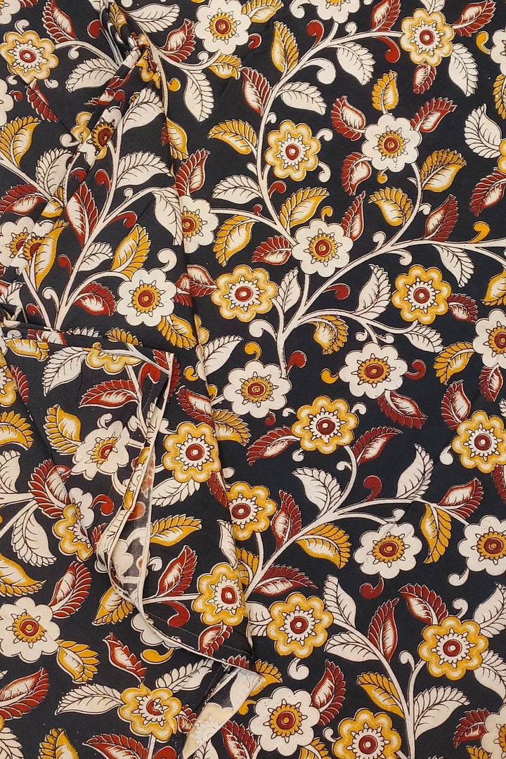 Kalamkari  silk cotton fabric in black with  floral vines