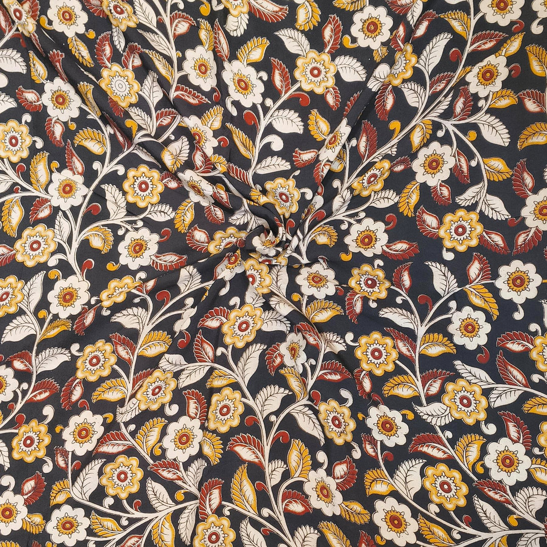 Kalamkari  silk cotton fabric in black with  floral vines