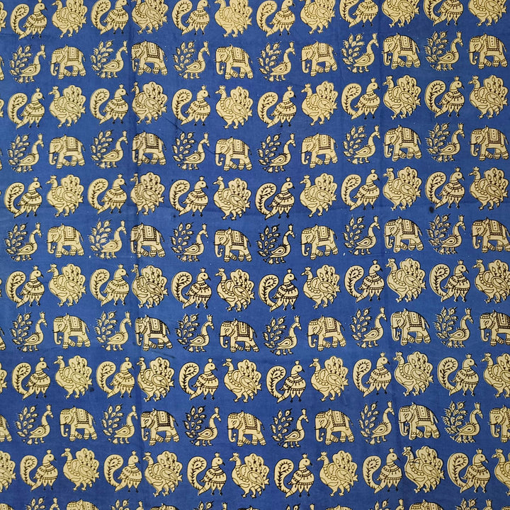 Kalamkari  silk cotton fabric in blue with  peacock motifs