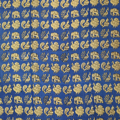 Kalamkari  silk cotton fabric in blue with  peacock motifs