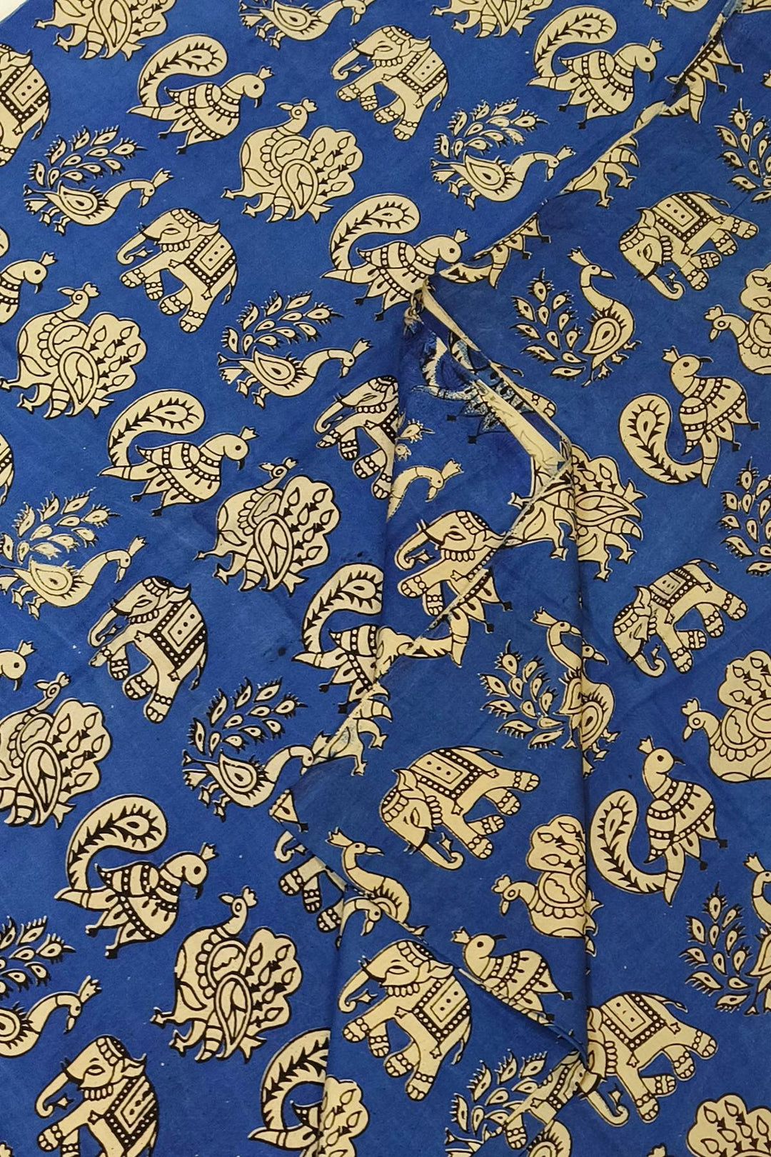 Kalamkari  silk cotton fabric in blue with  peacock motifs