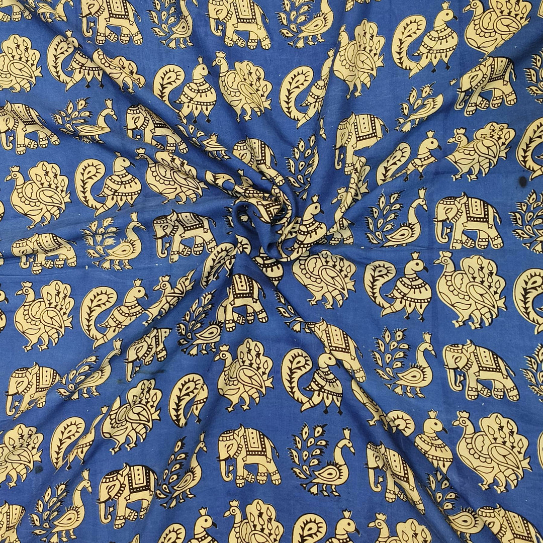 Kalamkari  silk cotton fabric in blue with  peacock motifs