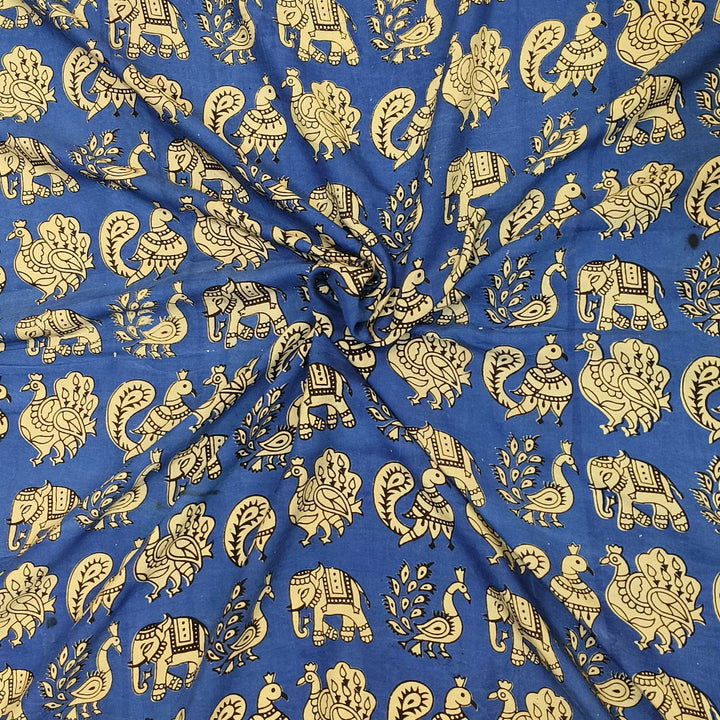 Kalamkari  silk cotton fabric in blue with  peacock motifs