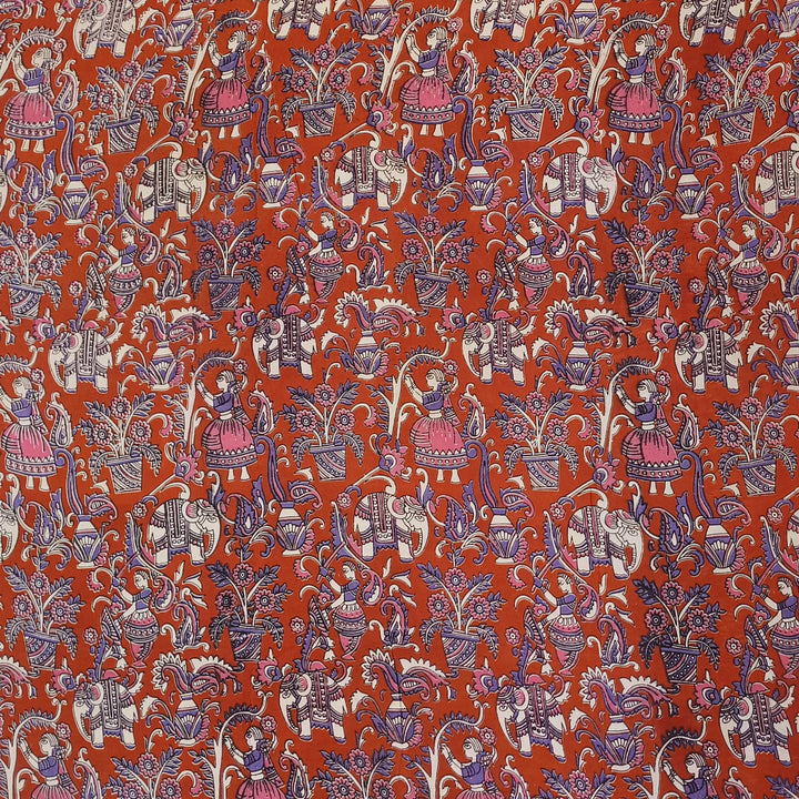 Kalamkari  silk cotton fabric in red with  floral vines