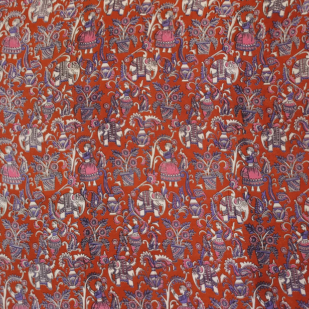 Kalamkari  silk cotton fabric in red with  floral vines