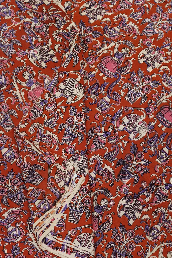 Kalamkari  silk cotton fabric in red with  floral vines