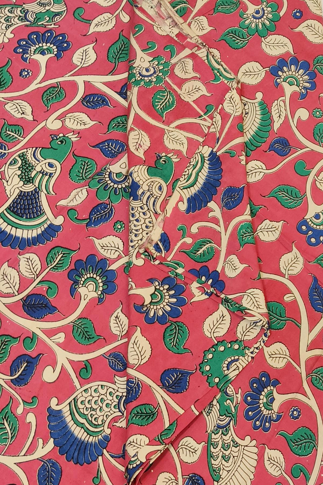 Kalamkari  silk cotton fabric in pink with  floral vines