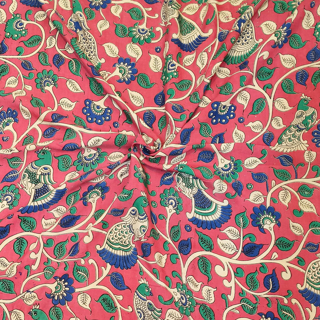 Kalamkari  silk cotton fabric in pink with  floral vines