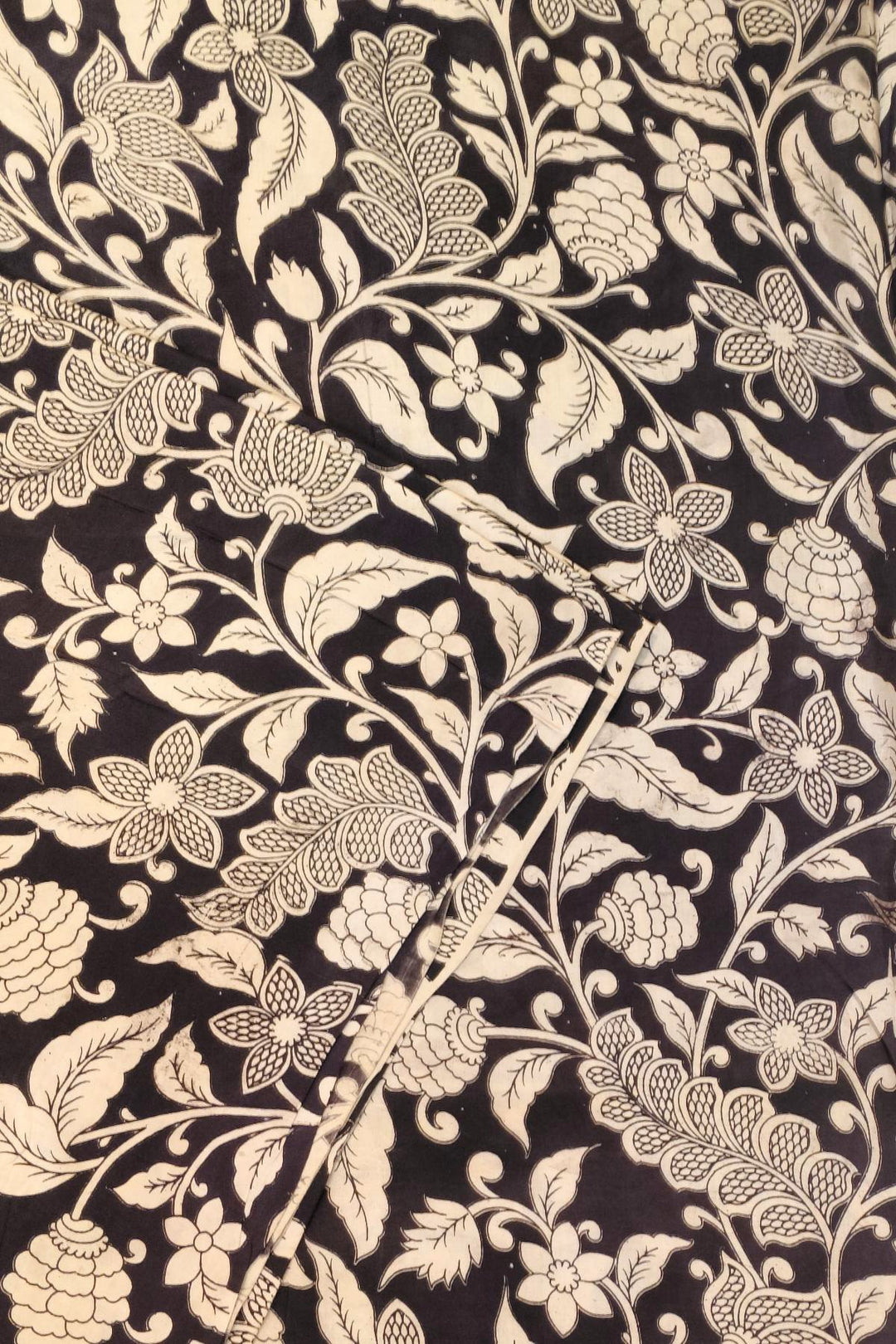 Kalamkari  silk cotton fabric in black with  leaf pattern