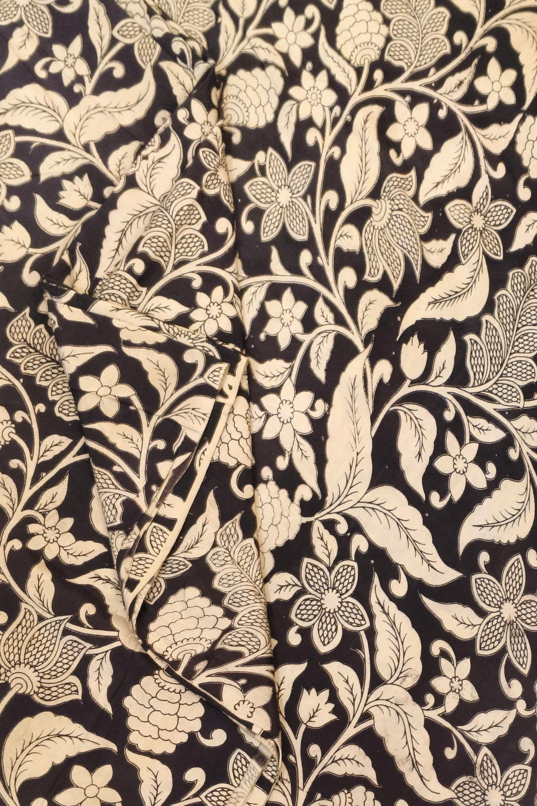 Kalamkari  silk cotton fabric in black with  leaf pattern