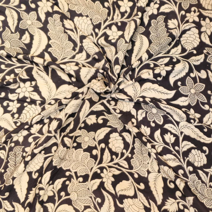 Kalamkari  silk cotton fabric in black with  leaf pattern