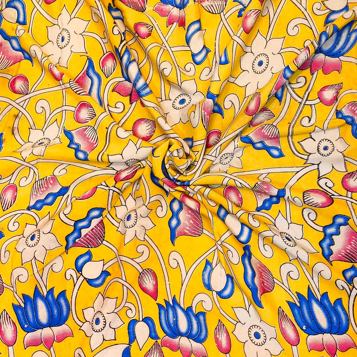 Kalamkari  silk cotton fabric in yellow with  lotus  vines
