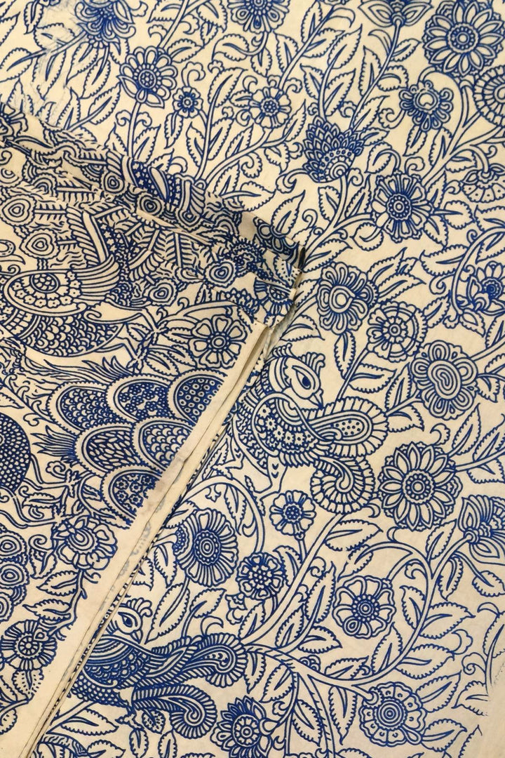 Kalamkari  silk cotton fabric in off white, blue with  peacock motifs