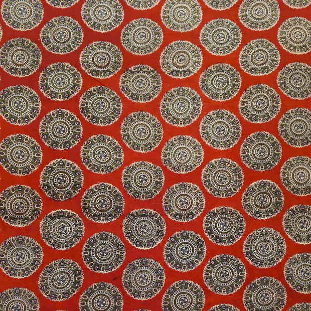 Kalamkari  silk cotton fabric in maroon with  disc motifs