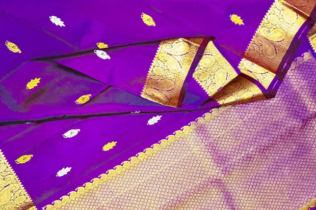 Handwoven Kanchi pure silk dupatta in purple with peacock & leaf motifs