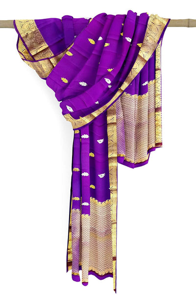 Handwoven Kanchi pure silk dupatta in purple with peacock & leaf motifs