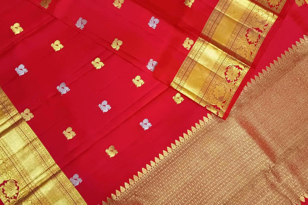 Handwoven Kanchi pure silk dupatta in red with peacock  motifs