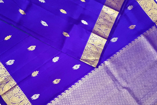 Handwoven Kanchi pure silk dupatta in royal blue with peacock & leaf motifs