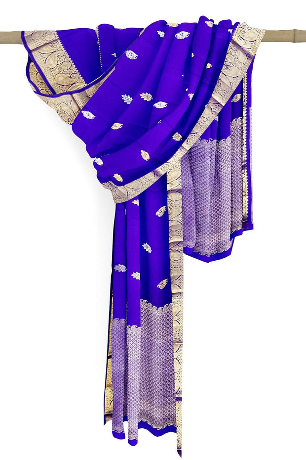 Handwoven Kanchi pure silk dupatta in royal blue with peacock & leaf motifs