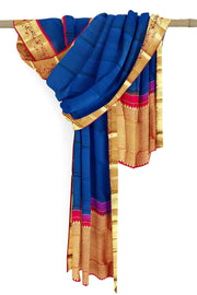 Handwoven Kanchi pure silk dupatta in blue with rich pallu & border in pink