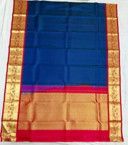 Handwoven Kanchi pure silk dupatta in blue with rich pallu & border in pink