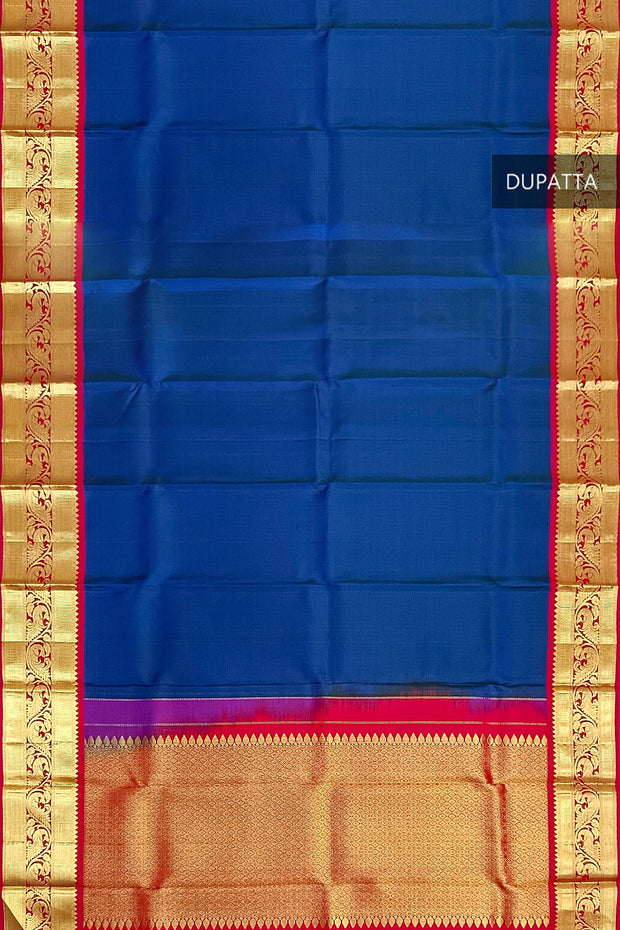 Handwoven Kanchi pure silk dupatta in blue with rich pallu & border in pink