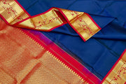 Handwoven Kanchi pure silk dupatta in blue with rich pallu & border in pink