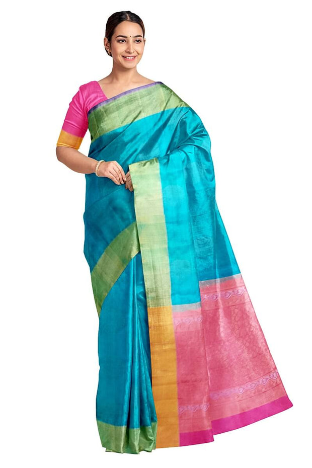 Kanchi soft silk  saree in teal blue with big motifs and geometric pattern in pallu.