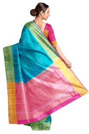 Kanchi soft silk  saree in teal blue with big motifs and geometric pattern in pallu.