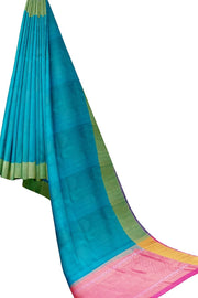 Kanchi soft silk  saree in teal blue with big motifs and geometric pattern in pallu.