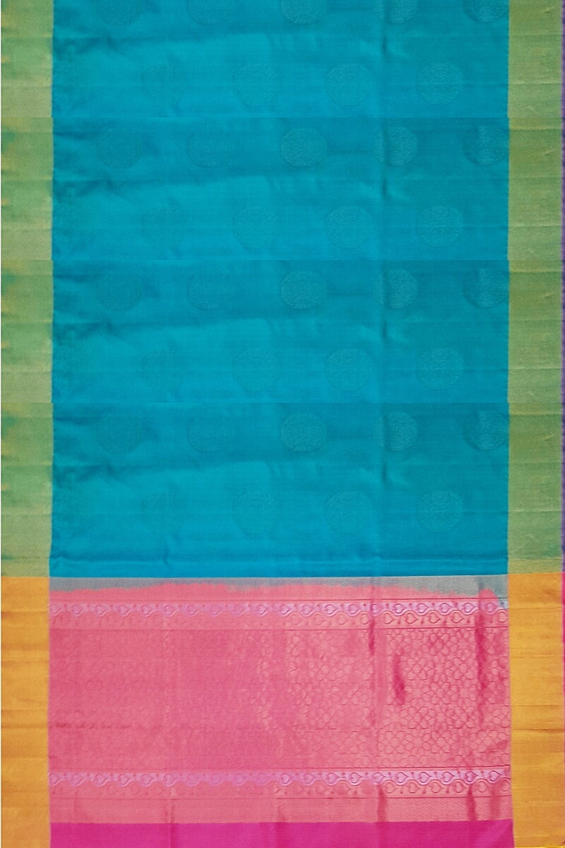 Kanchi soft silk  saree in teal blue with big motifs and geometric pattern in pallu.