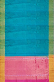 Kanchi soft silk  saree in teal blue with big motifs and geometric pattern in pallu.