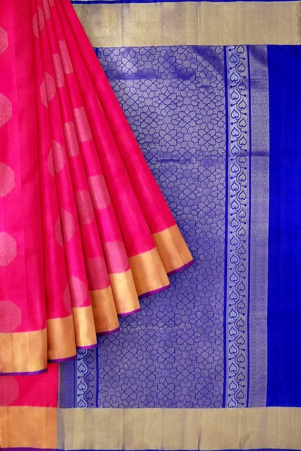 Kanchi soft silk  saree in pink  with big motifs and geometric pattern in pallu.