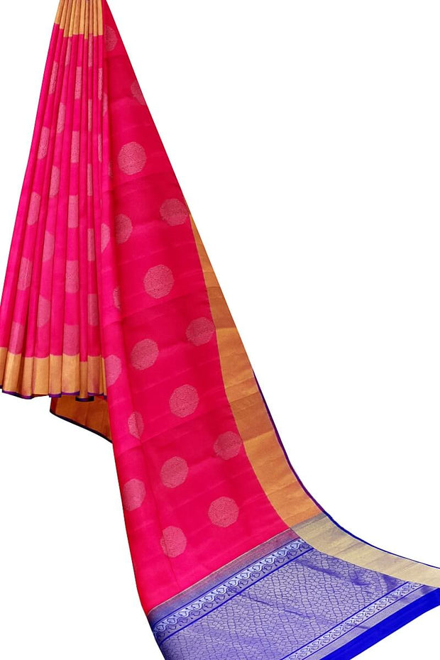 Kanchi soft silk  saree in pink  with big motifs and geometric pattern in pallu.
