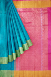 Kanchi soft silk  saree in teal blue with big motifs and geometric pattern in pallu.